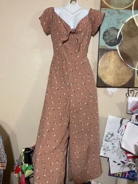 Shinestar Rust Floral Tie-Front Wide-Leg Jumpsuit